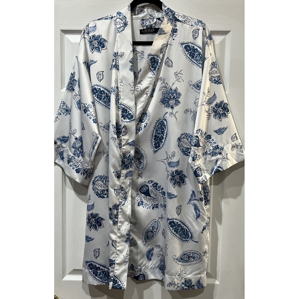 VTG Ralph‎ Lauren Blue White Robe Monogram Logo Womens Size M Satin Pockets Cozy